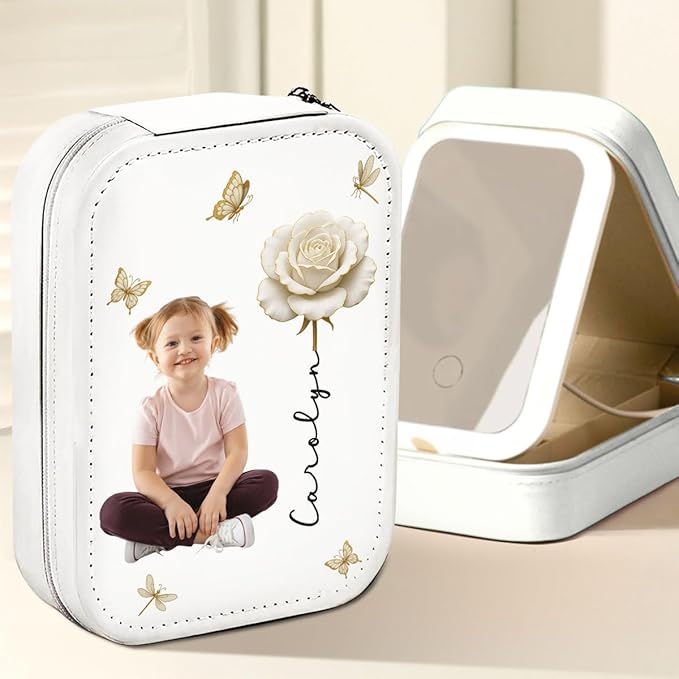 Wrappiness Women & Girls Floral Makeup Box With LED Mirror - Custom Photo Jewelry Organizer Gift for Daughters Sisters on Birthday Christmas Personalized Birthmonth Flower