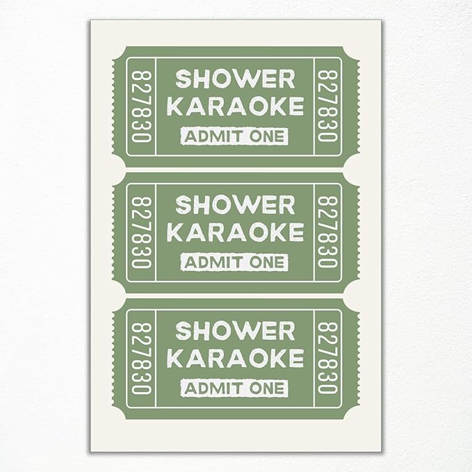 abrtolpffo Sage Green Shower Karaoke Wall Art, Trendy Admit One Ticket Canvas Poster, Funny Bathroom Wall Art Print, Cute Quotes Wall Decor for Restroom Guestroom 24x36in Unframed