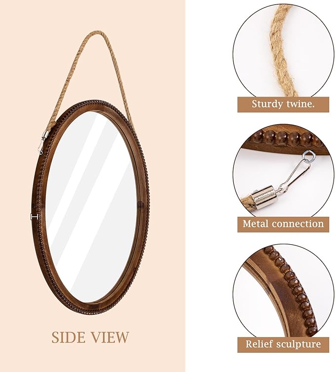 OKSQW 20 Inch Oval Wall Mirror Wooden Bead Frame Art Decorative Rustic Farmhouse Wooden Mirror Hanging Mirror with Rope for Entryway Bedroom Living Room Bathroom