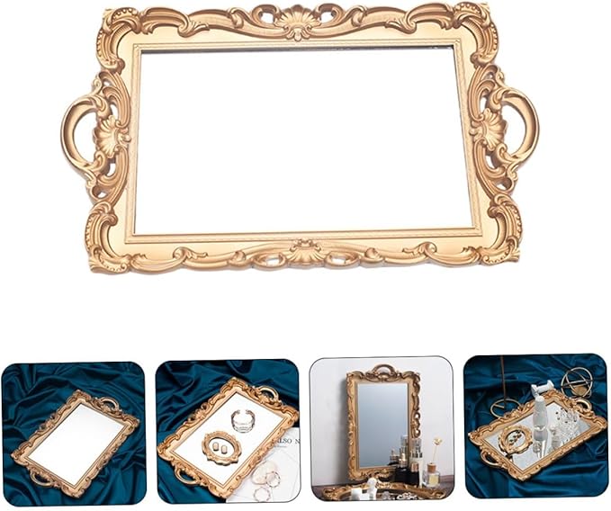LIFKOME Vintage Gold Rectangular Mirror Tray Decorative Makeup Organizer Cosmetic Storage Plate for Vanity Room Decor and Jewelry Display