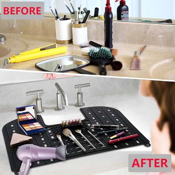 Sink Cover for Counter Space, Silicone Makeup Brush Cleaning Mat Foldable Sink Cover Bathroom Cover for Counter Space Saver Rv Camper Travel Must Haves Accessories - 22 * 17" Black