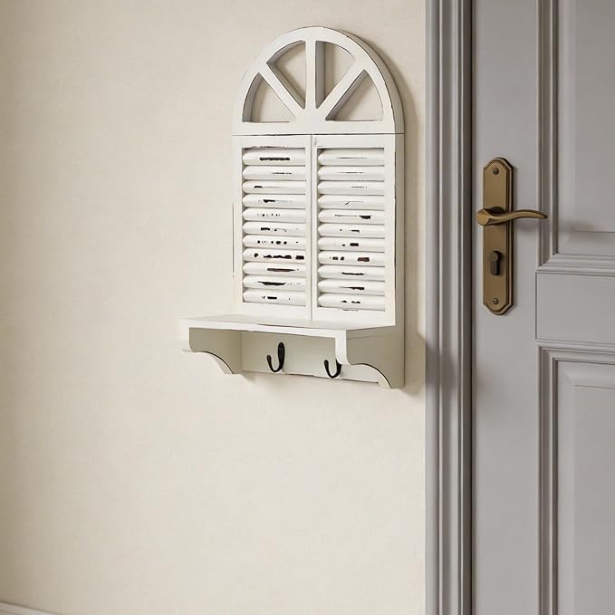 Rustic Arched Window Floating Shelf with 2 Key Hooks - Distressed White Farmhouse Wood Decor, Wall Mounted Storage Organizer for Entryway, Bathroom, Kitchen, Home Decor