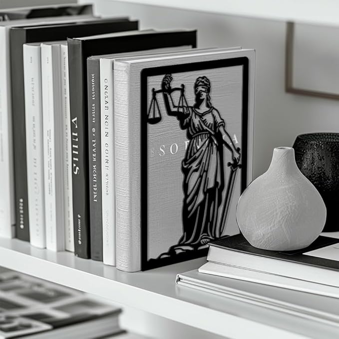 Peacoblue Metal Bookends for Shelves, Modern Decorative Heavy Duty Study Book Ends Stoppers for Office, Desk, Shelf, Room 5.3"x4.3"x7.9" Cast Iron Simple Tall Bookends 1 Pair (Justice Lady Themis)