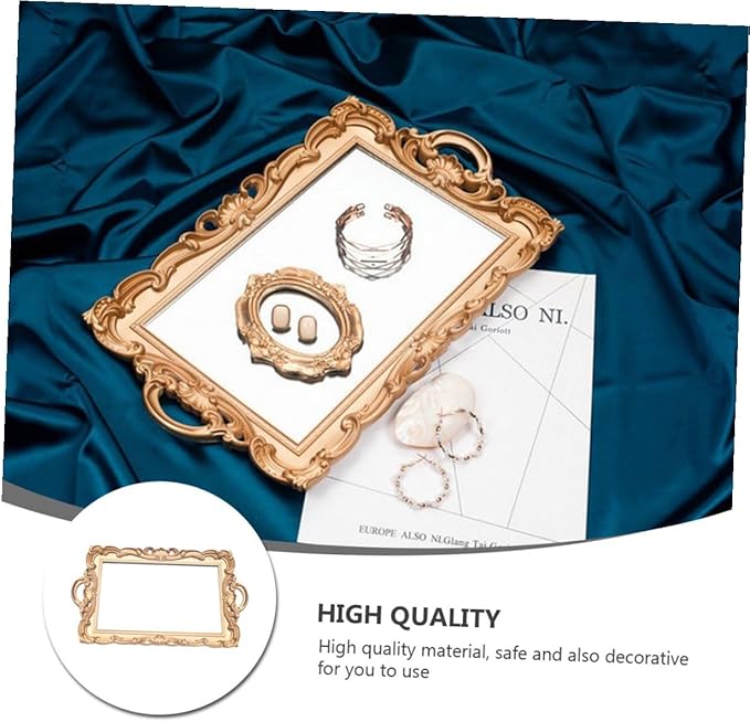 Zerodeko Retro Mirror Tray Decorative Storage Plate for Cosmetics and Perfume, Golden Rectangular Vintage Makeup Organizer for Home Décor and Photography Display