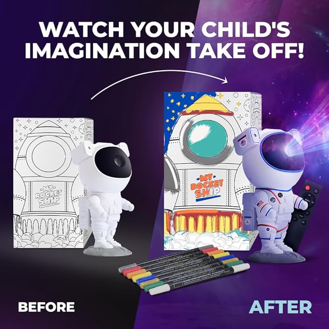 Mind-Glowing Color My Astronaut Galaxy Projector - DIY Spaceman Night Light with Acrylic Markers Kit - Paint Your Own Lamp - Unique Birthday Gift for 5-10 Year Old Boys