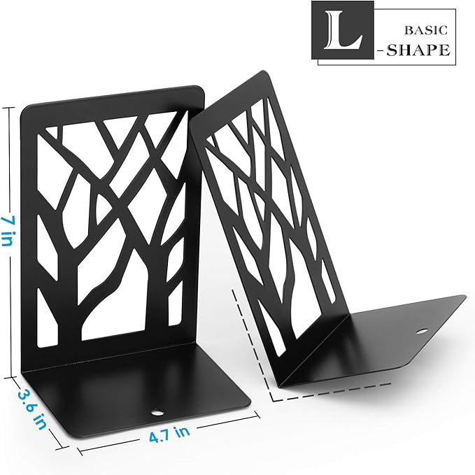 MaxGear Book Ends Tree Design Modern Bookends for Shelves, Non-Skid Bookend, Heavy Duty Metal Book Stopper for Books/DVDs, Decorative CD Holder & Video Game Organizer, 7 x 4.7 x 3.5”, Black