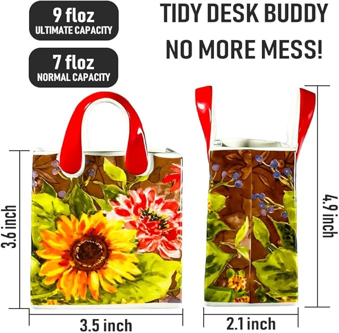 Handbag-Shaped Ceramic Desk Organizer & Small Flower Vase, Sunflower Floral Pattern, Pencil Pen Holder, Makeup Brush Holder for Vanity, Cute Office Desk Decor, 4.7 in Tall