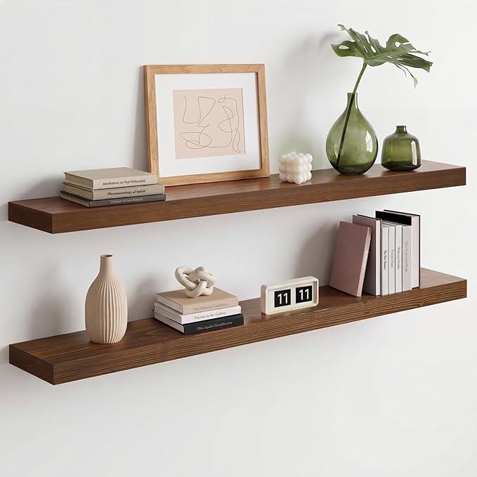 Homeforia Classic Walnut 36 inch Floating Shelf, High End Solid Real Wood Small 36inch Floating Shelves for Wall Mounted, 36in Floating Shelves, Heavy Duty Bracket, 36 X 6.5 X 1.75 inches, Set of 2