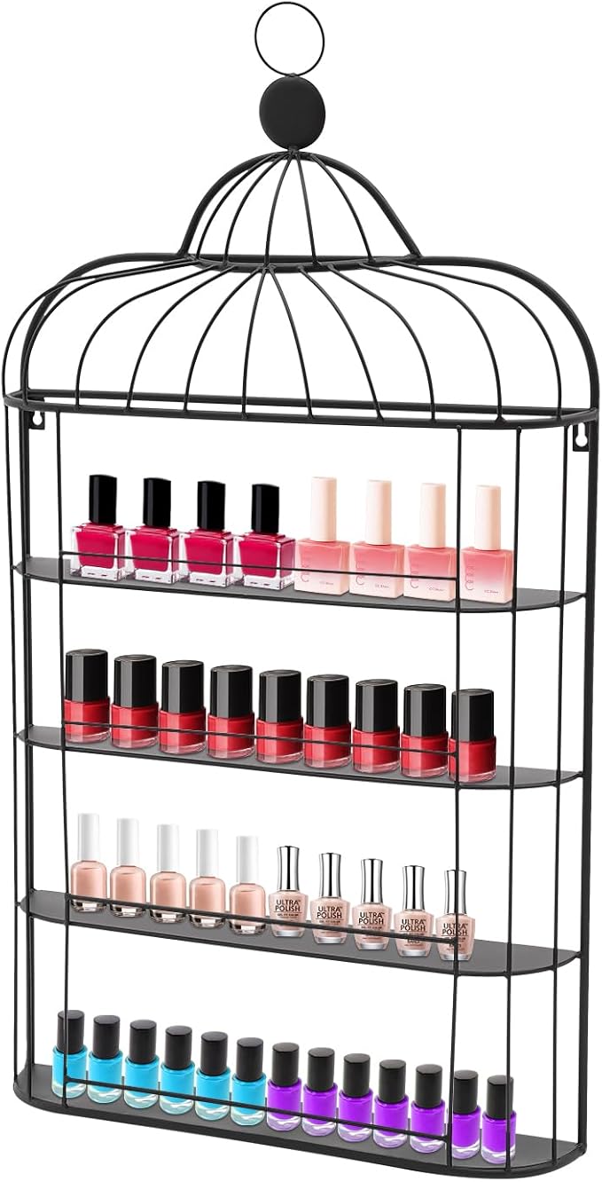 4-Tier Nail Polish Wall Racks 20 * 37 Inch Hold Up to 200 Bottles Birdcage Iron Nail Polish Shelf Organizer Wall Mounted 4 Rows (Black)