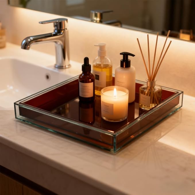 10"x10" Brown Acrylic Tray, Decorative Bathroom Vanity Counter Tray for Perfume, Candle, Soap, Coffee Table & Kitchen – Square Acrylic Organizer for Sink, Entryway Table, Dresser Home Decor