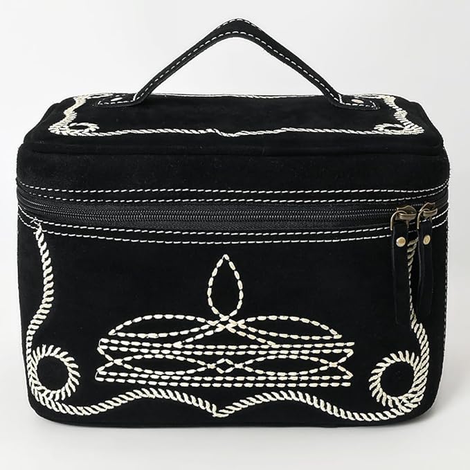 American Darling Genuine Suede Leather Jewelry Case Boot Stitched Embroidery Vegetable-Tanned Western Travel Organizer