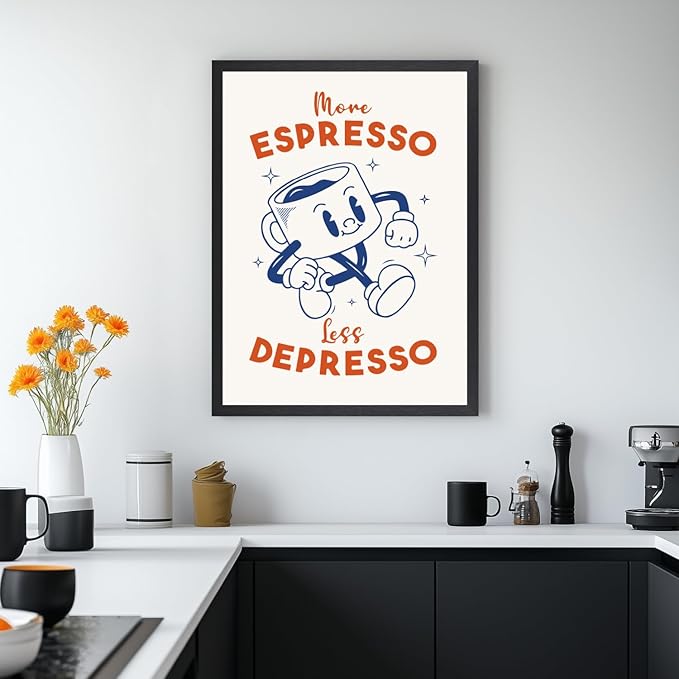Cyebmo Black White Coffee Wall Art, More Espresso Less Depresso Wall Decor, Funny Coffee Canvas Painting, Cute Cartoon Cafe Cup Poster Print for Kitchen Office Cafe Bar, Wood Framed 16x24 Inch