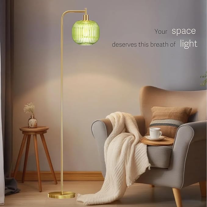 Mid Century Modern Floor Lamp, 67" Tall Standing Lamp with Transparent Green Glass Shade, Vintage Gold Floor Lamp for Living Room Bedroom, Stable 6.2lbs Weighted Base, ST64 LED Bulb Included