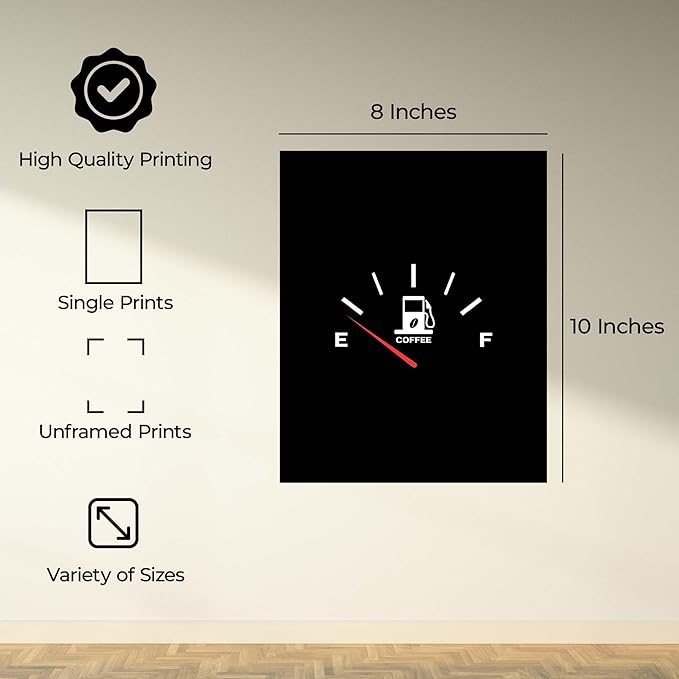 InkFlow Posters Coffee Gauge Poster - Minimal Fuel Meter Illustration - Modern Caffeine Humor Design - Kitchen Office Wall Decor Accent - Fun Graphic Art Print - 8x10 Unframed Canvas Print
