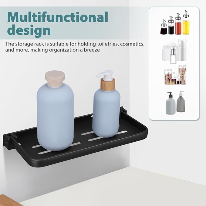 iplusmile Foldable Wall Shelf 11.92X5.23X0.90In Aluminum Storage Rack with Drainage Holes Compact Floating Bathroom Vanity Organizer for Kitchen and Laundry