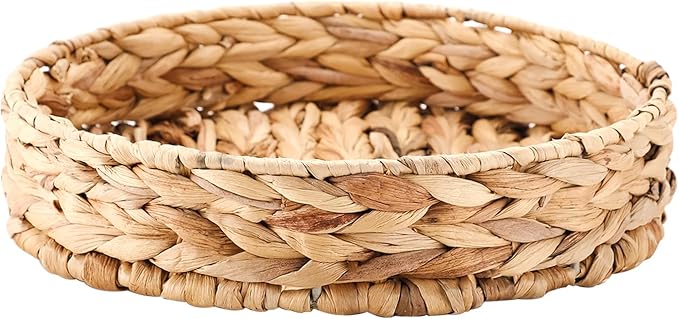Kingwillow Small Handwoven Water Hyacinth Round Tray, Decorative Fruit & Servicing Basket for Centerpiece, Coffee Table, Dining & Home Decor