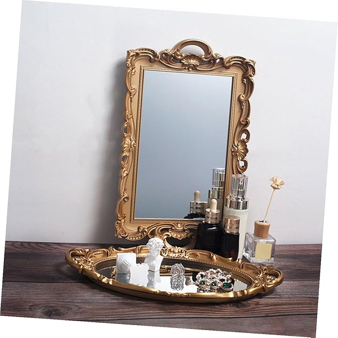 Artibetter Retro European Mirror Tray Decorative Makeup Organizer Perfume Storage Plate Golden Rectangular Household Vanity Display Accent for Home Décor