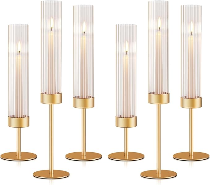 Gold Hurricane Candle Holders: Fluted Candlestick Holders for Wedding Tall Brass Taper Candle Holder Modern Candle Sticks Holder Decor for Table Centerpiece Party Birthday Christmas Set of 6