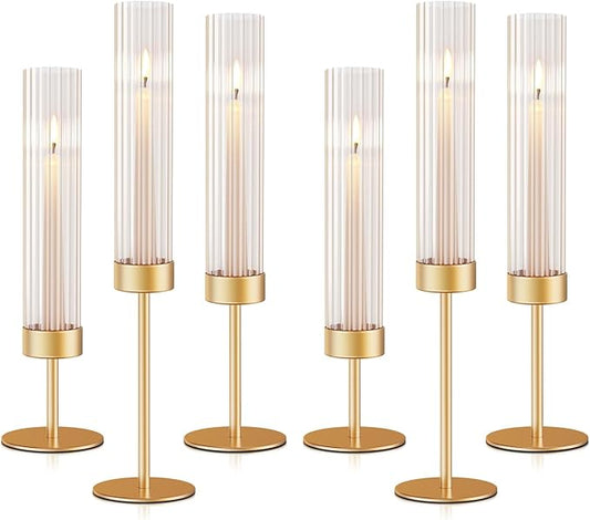 Gold Hurricane Candle Holders: Fluted Candlestick Holders for Wedding Tall Brass Taper Candle Holder Modern Candle Sticks Holder Decor for Table Centerpiece Party Birthday Christmas Set of 6