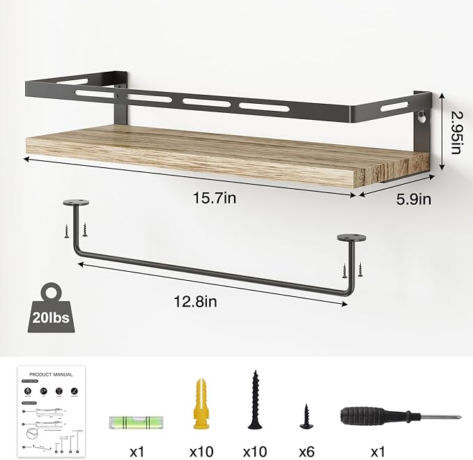 YGEOMER Floating Shelves for Bathroom Organizer Over Toilet, Wall Mounted Bathroom Shelves with Towel Bar, Wall Shelf for Bedroom Kitchen Living Room Storage (Rustic Brown-Black)