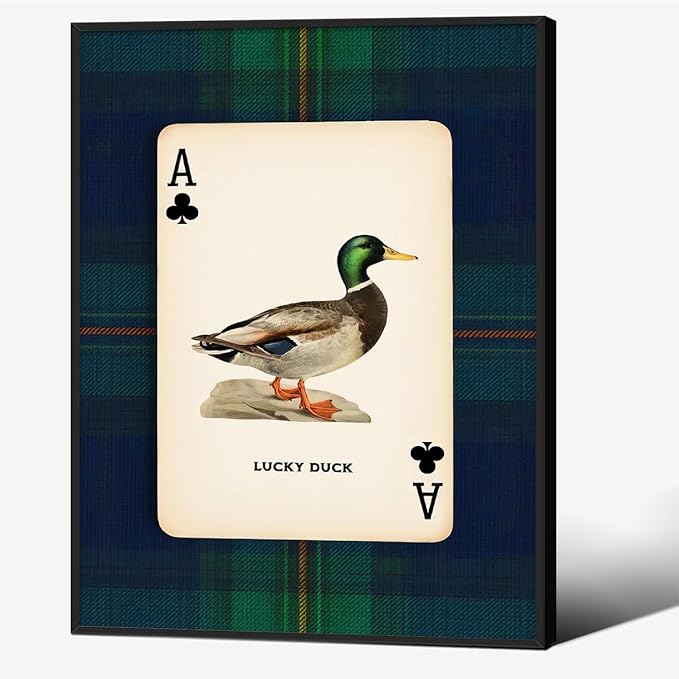 Mallard Duck Playing Card Wall Art Country Lucky Duck Animal Canvas Poster 08x10 inch Black Framed Nature Rustic Farmhouse Hunting Prints Vintage Wildlife Wall Decor