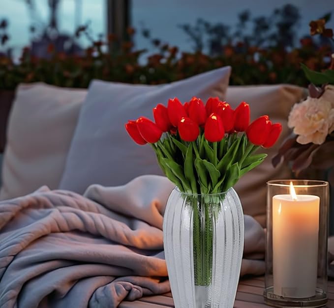 HOMESEASONS Lighted 20pcs LED Lighted Fake Flowers Artificial Tulips Real Touch Tulip Bouquet 15" Faux Tulips for Easter Decor Spring Decor Mother's Day Home Kitchen Wedding Decorations (Red)