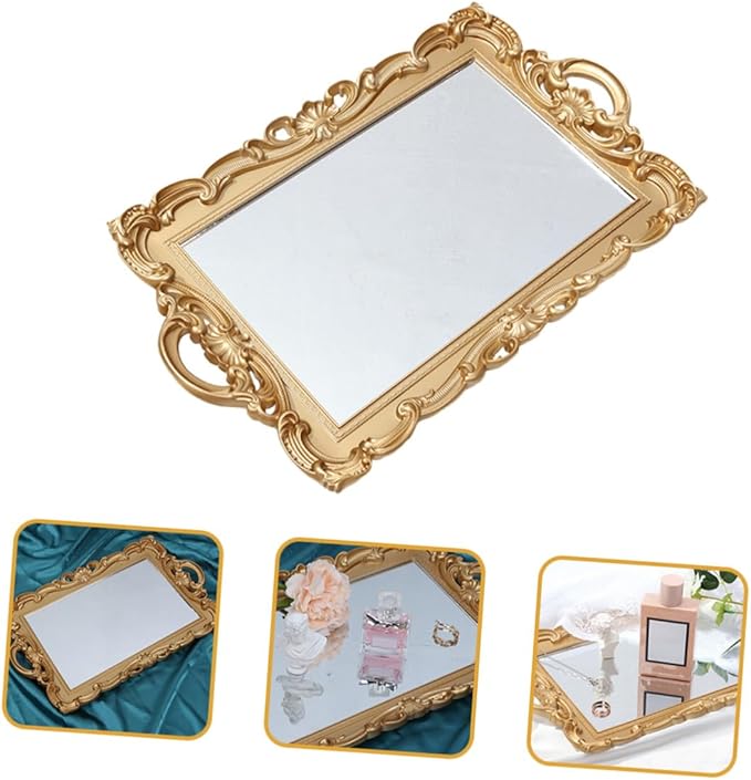 Toyvian Vintage Mirror Tray for Perfume and Jewelry, Glass Vanity Tray with Decorative Mirror Plate, Bathroom and Dresser Organizer for Makeup and Home Décor
