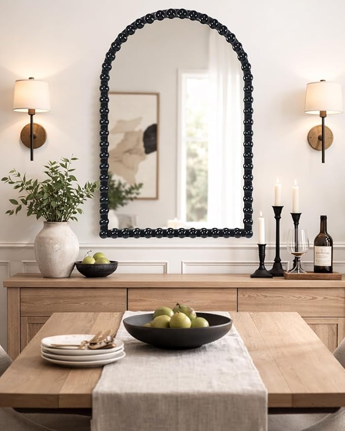 Black Beaded Arched Wall Mirror 24x36 Inch, Vintage Decorative Arch Mirror with Beaded Frame, Accent Mirror for Entryway, Bathroom, Living Room, Bedroom, Fireplace