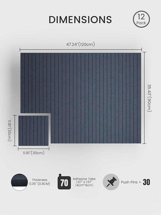 Bumusty Large Cork Board Alternative-48 x 36" Felt Bulletin Board Tiles, with 30 Pushpins, 70 Adhesive Tabs, Fine-Stripe 12-Pack, Cork Boards for Office Push Pin Board-Deep Charcoal Blue