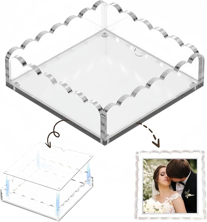 Scalloped Acrylic Tray with Magnetic Mat - 8x8in Clear Display & Organizer Tray, Art & Notes | Non-Slip Base | Elegant Décor & Organizer for Jewelry/Cosmetics，Modern Desk Décor Gift