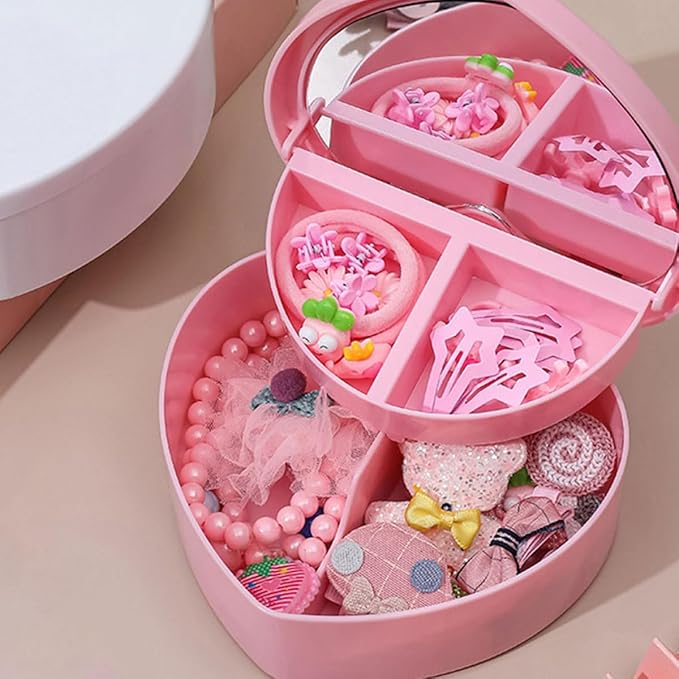 PartyKindom 2pcs Jewelry Box Heart Shaped Double Layer Organizer with Makeup Mirror Portable Pink Jewelry Travel Case for Earrings Rings Necklaces Bracelets