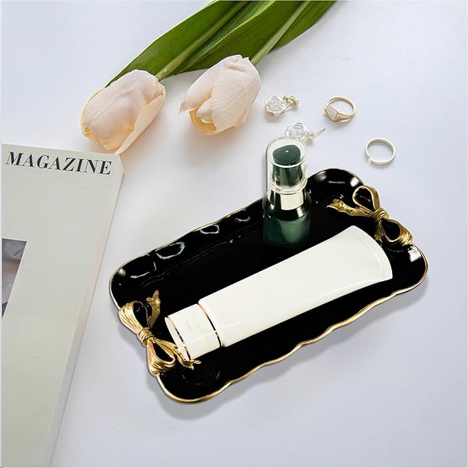Vintage Decorative Tray Jewelry Tray Towel Tray Storage Tray Rings Necklace Bracelets Earrings Trays Cosmetics Jewelry Organizer Retro Design Bow Decor Resin Plate Coquette Room Decor (Black)