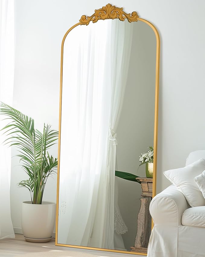 Antok Arched Full Length Mirror, 65"x24" Floor Mirror with Carved, Full Body Mirrors for HomeDecor, Standing/Halling Large Wall Mirror for Bedroom, Living Room, Cloakroom, Gold, Retro Style