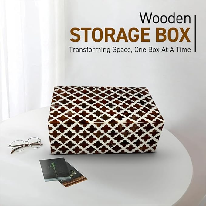 Perilla Home ﻿Home Decor Decorative Storage Wooden Box Small Wooden Organizer Tool Stash Card Craft Trinket Memory Keepsake Jewelry Box for Men and Women, Clover, Gifts For All, Dark Brown & Off White