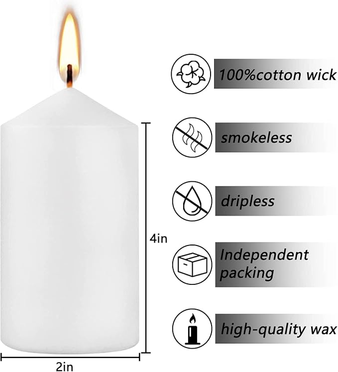 Howemon 20 Pcs Bulk Long Burning Wax Pillar Candles 2" x 4" Dripless Unscented Smokeless for Wedding Party Spa Lantern Fireplace Home(White)