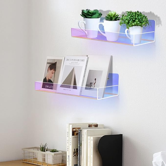 TLBTEK 2 Pcs 15 inch Iridescent Rainbow Floating Shelves,Colorful Acrylic Irridescent Floating Shelves Wall Mounted Storage for Bathroom, Bedroom, Living Room, Kitchen (Without Edge)
