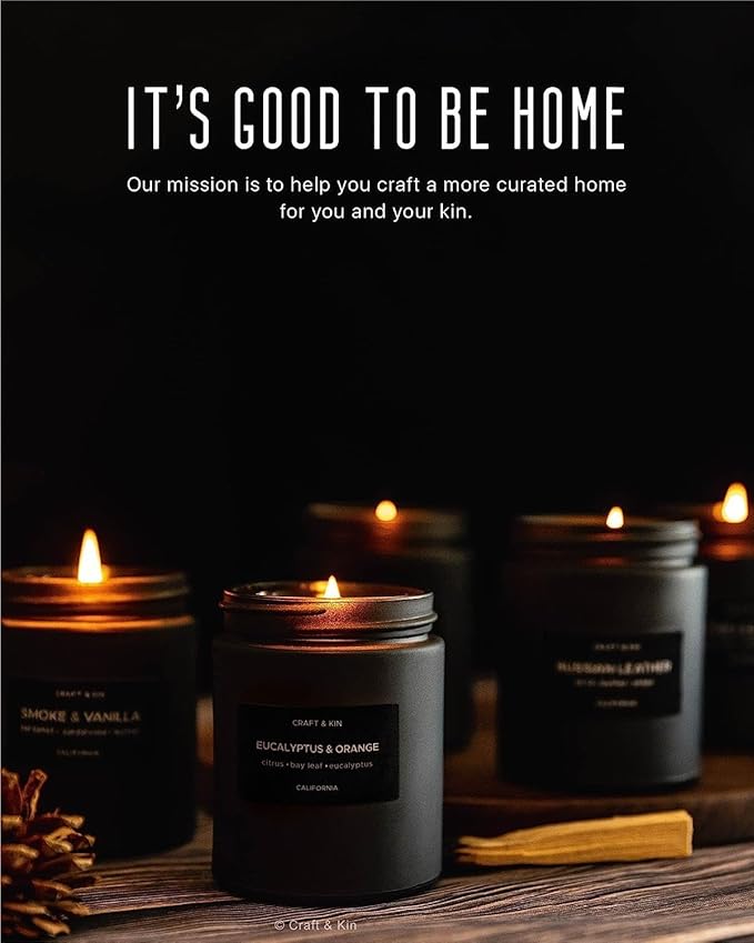 Craft & Kin Premium Orange & Eucalyptus Candle | Black Scented Candles for Home | Long Lasting with 45 Hour Burn Time, 7.6oz | Soy Candle | Aromatherapy at Home | Gifts for Men