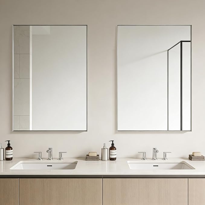 Bathroom Mirror for Wall, 36x24 Inch Metal Framed Mirror, Brushed Nickel Rectangle Mirror, Bathroom Vanity Mirror Farmhouse, Tempered Glass, Anti-Rust, Hangs Horizontally or Vertically