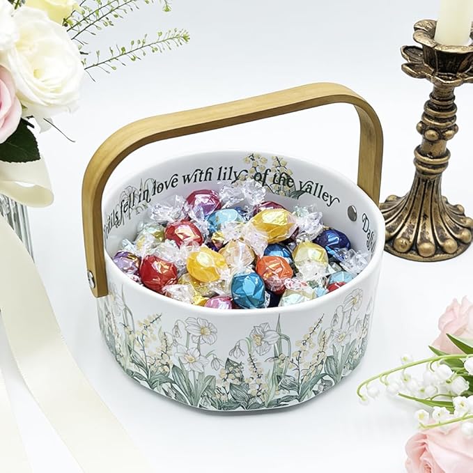 Ceramic Fruit Basket with Detachable Wooden Handle Candy Dish Decorations Ornaments Decorative Bowl Home Kitchen & Dining Table Office Decor(Yellow Bellflower)