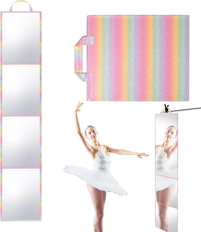 Foldable Full Length Mirror 2-in-1 Wall-Mounted or Tabletop Mirror, Portable Travel Mirror with Handle for Dance Home Bedroom Wardrobe Stage Makeup Checks Camping Outdoor Use (47" x 12.5", Four-Fold)