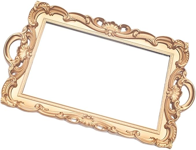 Zerodeko Retro Mirror Tray Decorative Storage Plate for Cosmetics and Perfume, Golden Rectangular Vintage Makeup Organizer for Home Décor and Photography Display