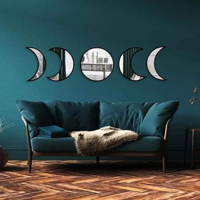 5 Pieces Scandinavian Natural Decor Acrylic Wall Decorative Interior Design Wooden Moon Phase Mirror Bohemian Wall Decoration for Home Living Room Bedroom - Not Real Mirror(Black)