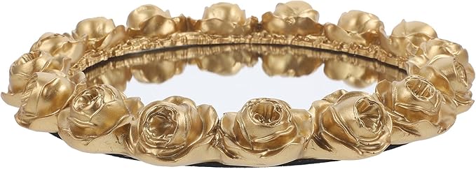 FRCOLOR European Style Rose Mirror Decorative Tray Jewelry Accessory Dish Gold Dressing Table Makeup Organizer for Home Décor and Snack Serving