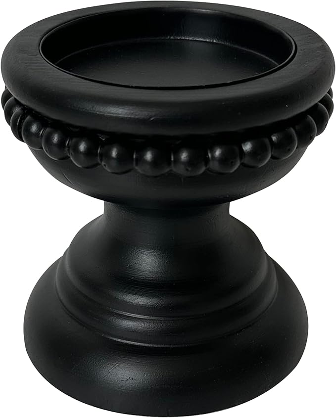 dwellington Farmhouse Rustic Wood Pillar Candle Holder, Decorative Beaded Candlestick Holder Stand for Home Décor, Gifts, Wedding (Black)