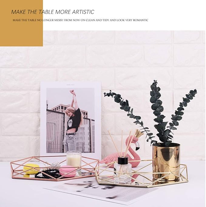Decorative Tray Mirrored Metal Ornate Vanity Jewelry Cosmetic Table Organizer Storage Geometric Prisma Tray Desk Countertop Decor Gift Nordic Simple Style (Rose Gold)
