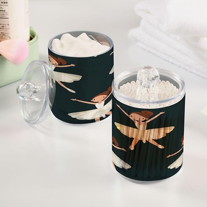 Nander 4Pack Girl Dancing Ballet Qtip Holder Dispenser -Clear Plastic Apothecary Jars Set - Restroom Bathroom Makeup Organizers Containers for Cotton Swab, Ball, Pads, Floss