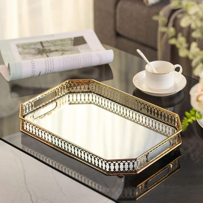 Perfume Vanity Mirror Tray - Durable Decorative Organizer for Dresser, Bedroom, Bathroom Countertops - Spacious 13.8x9.6x2.2 Inches, Scratch-Resistant - Gold