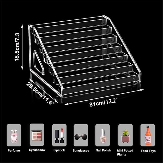 7 Tier Acrylic Display Stand Organiser with Fences, Perfume Stand Organiser, Clear Display Shelf for Home, Office, Retail for Funko Figures Toys Cupcake Food, Cologne, Cosmetics, Storage