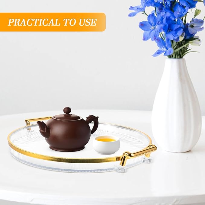 Lurrose Teacup Tray with Gold Rim, Striped Decorative Centerpiece Tray for Home, Multipurpose Fruit and Candy Platter, Makeup Organizer for Bathroom and Kitchen Use