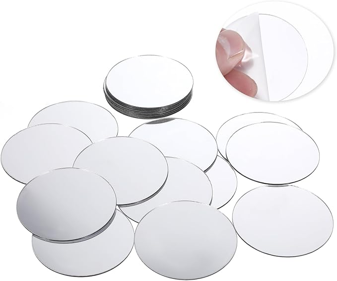 Trinkrittey 20Pcs Mini Acrylic Round Mirror Tiles, Self Adhesive, Silver, Classic Style, Mosaic Tiles for DIY Crafts, Wall Decor, Jewelry Making, 2 Inch
